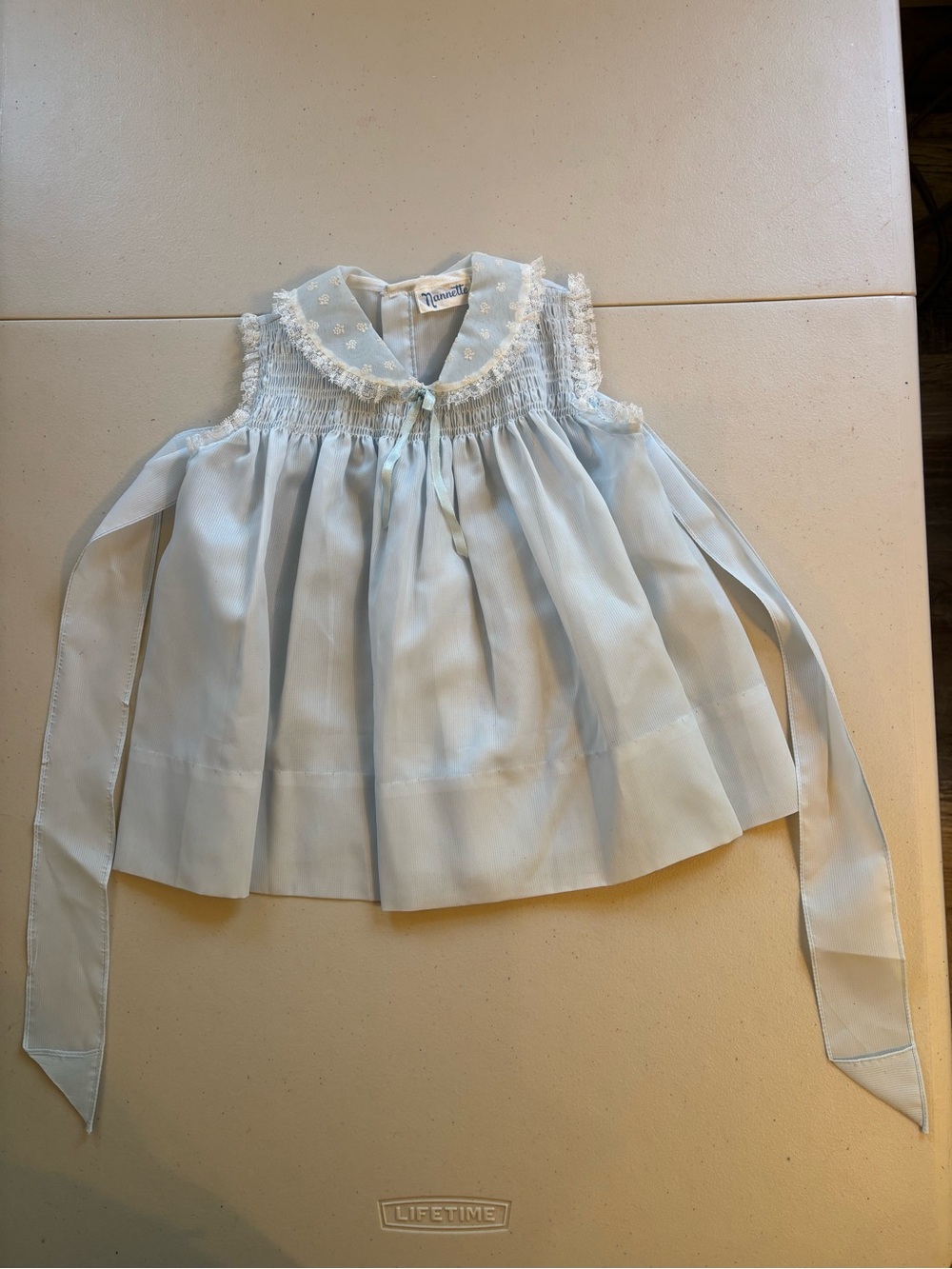 Vintage Nanette Baby Pale Blue Smocked Dress with Ribbon Ties